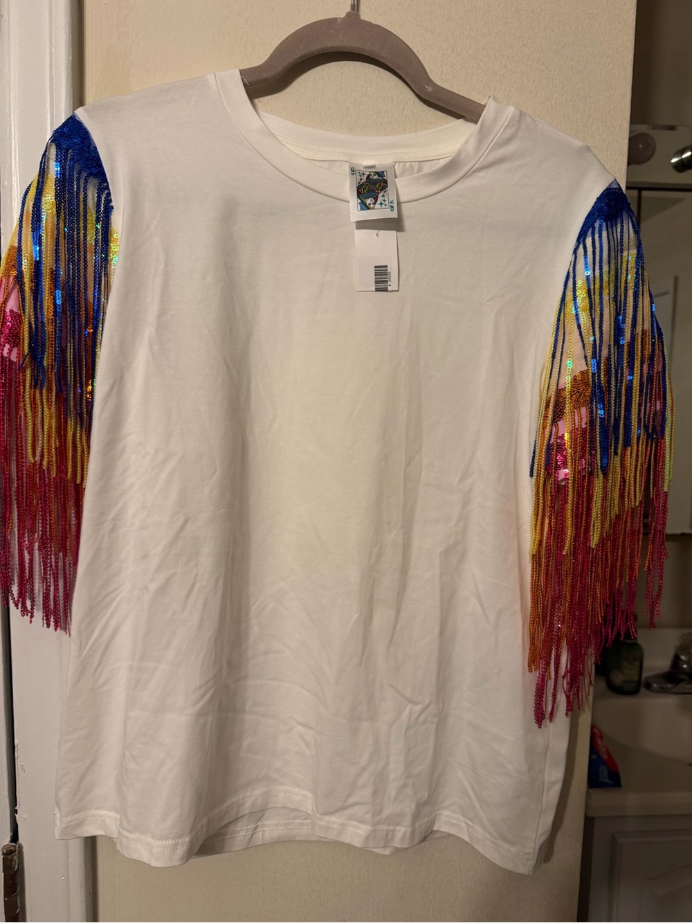 Queen of the Sparkles white Tee with Multicolor Sequin Fringe Sleeves